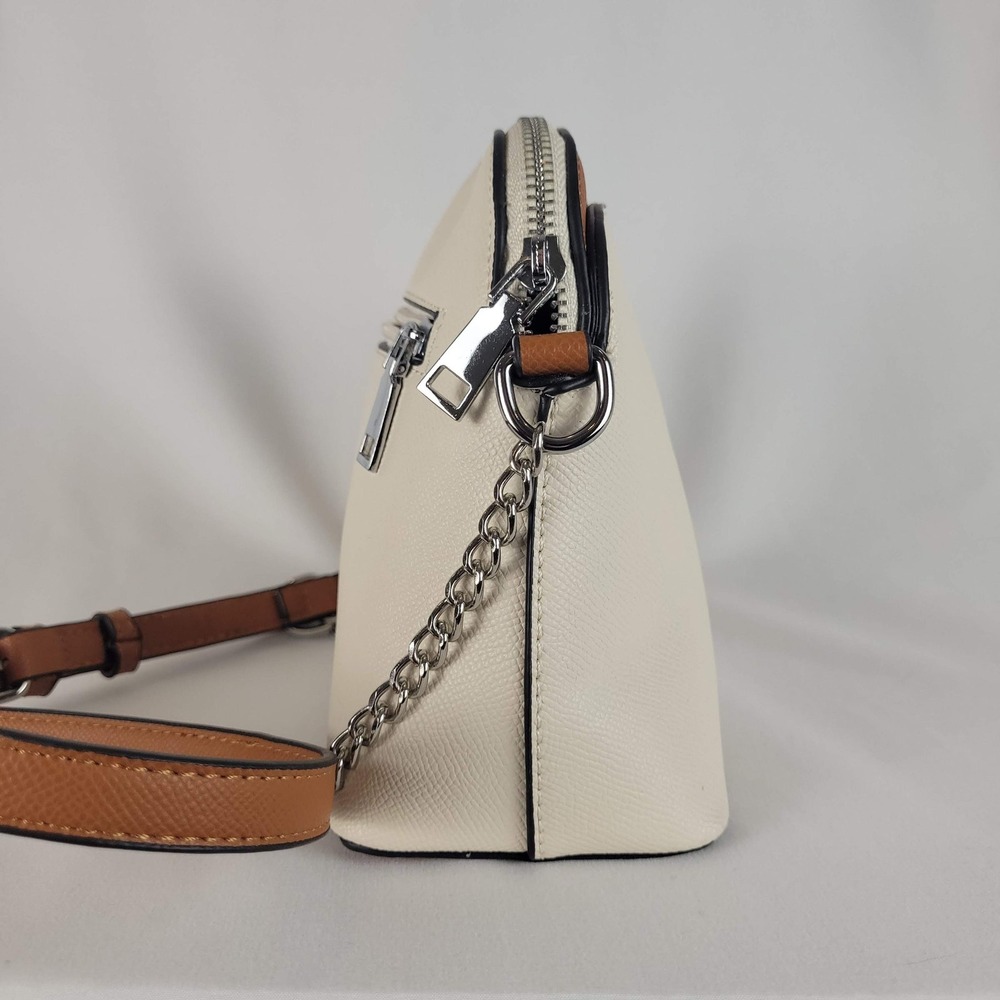 Cluci Cream & Tan Saffiano Faux Leather Dome Crossbody Bag Silver Chain Strap - Picture 3 of 9